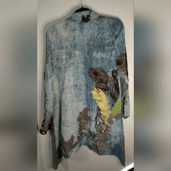 Citron Santa Monica 100% Silk Feather Print Open Front Kimono Cardigan Sz Small - Picture 3 of 12